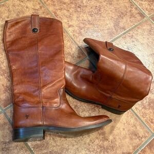 FRYE Leather Tall Riding Boots Melissa Button Cognac Brown Womens 9.5 New
